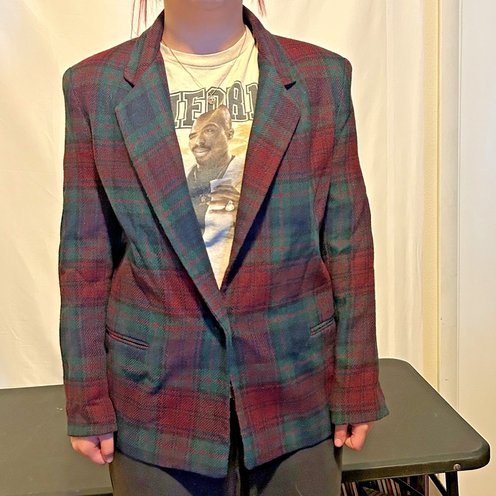 Vintage Wool Plaid Jacket PETITE SMALL 4 Red Green Tartan DUMAS Classic 80s 90s